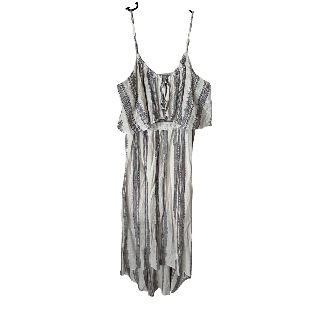 June & Hudson Striped High-Low Midi Dress White Blue Red Linen Blend Medium